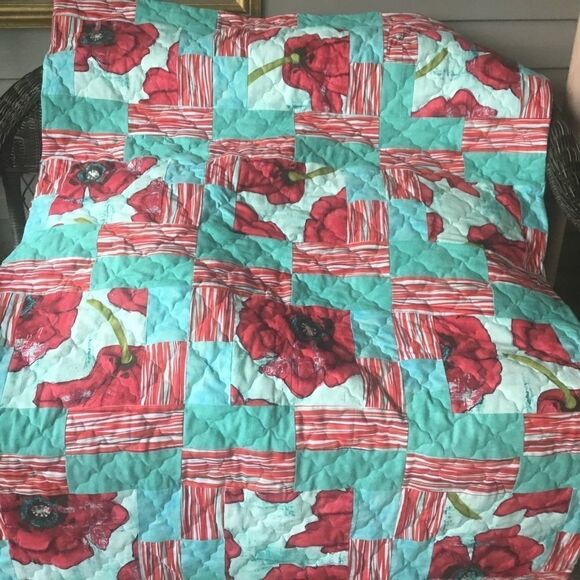 Hand Crafted Quilt Turquoise and Red - Picture 2 of 15